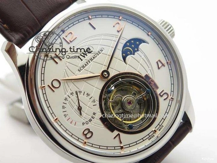 MIROTIME 0213 Chic Portuguese Tourbillon Power Reserve Moonphase SS White Dial Gold Numbers On Black Leather Strap 7319